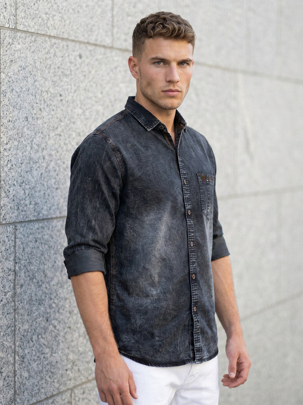 Kuons Men's Charcoal Black Regular Fit Denim Casual Shirt