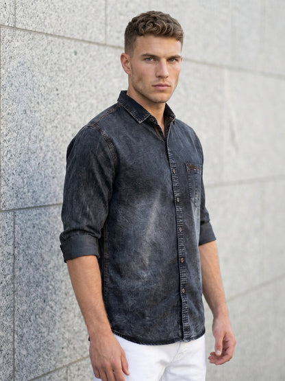 Kuons Men's Charcoal Black Regular Fit Denim Casual Shirt