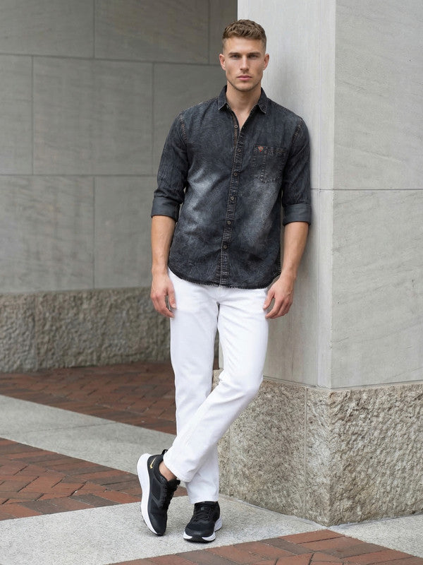 Kuons Men's Charcoal Black Regular Fit Denim Casual Shirt