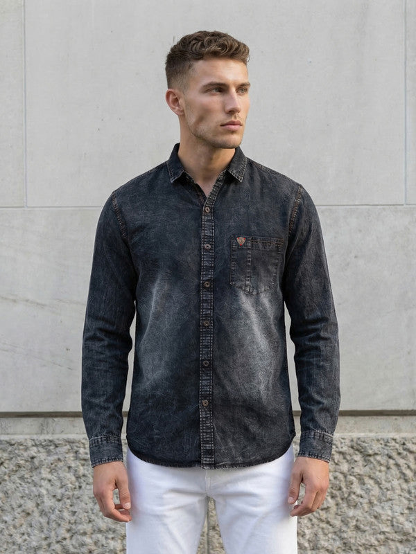 Kuons Men's Charcoal Black Regular Fit Denim Casual Shirt