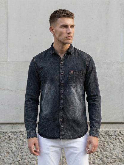 Kuons Men's Charcoal Black Regular Fit Denim Casual Shirt