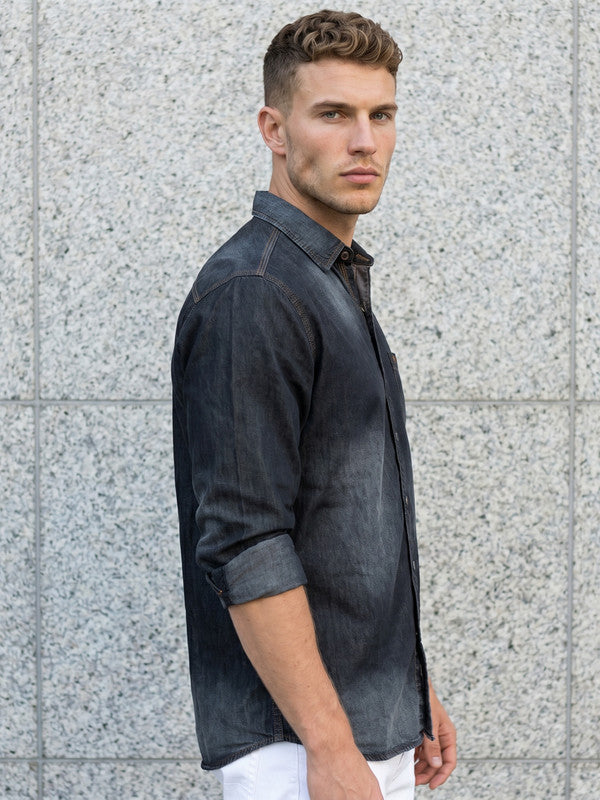 Kuons Men's Black Regular Fit Denim Casual Shirt