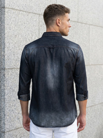 Kuons Men's Black Regular Fit Denim Casual Shirt