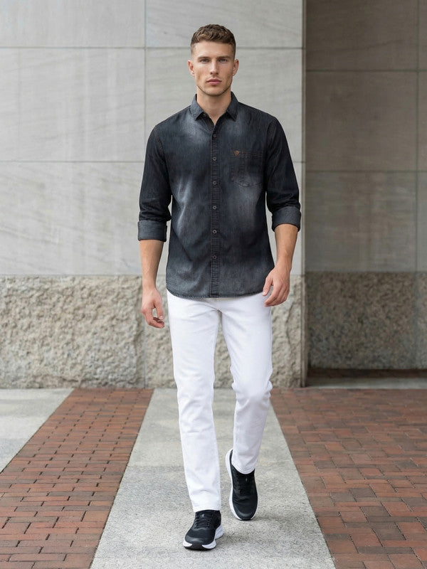 Kuons Men's Black Regular Fit Denim Casual Shirt