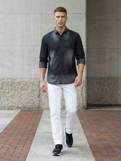 Kuons Men's Black Regular Fit Denim Casual Shirt