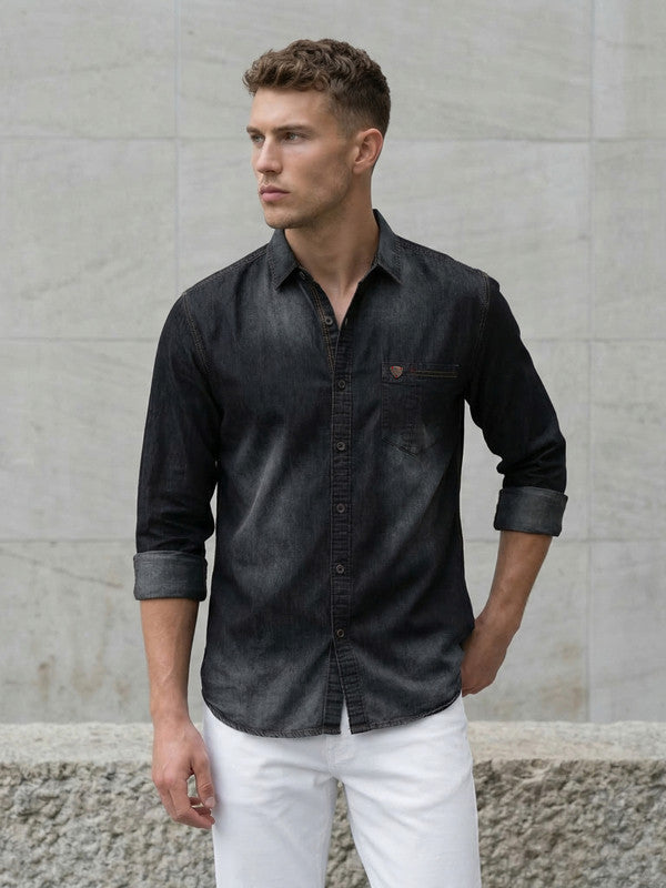 Kuons Men's Black Regular Fit Denim Casual Shirt