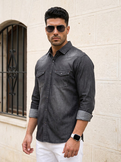 Kuons Avenue Men’s Cloud Black Distressed Denim Casual Shirt