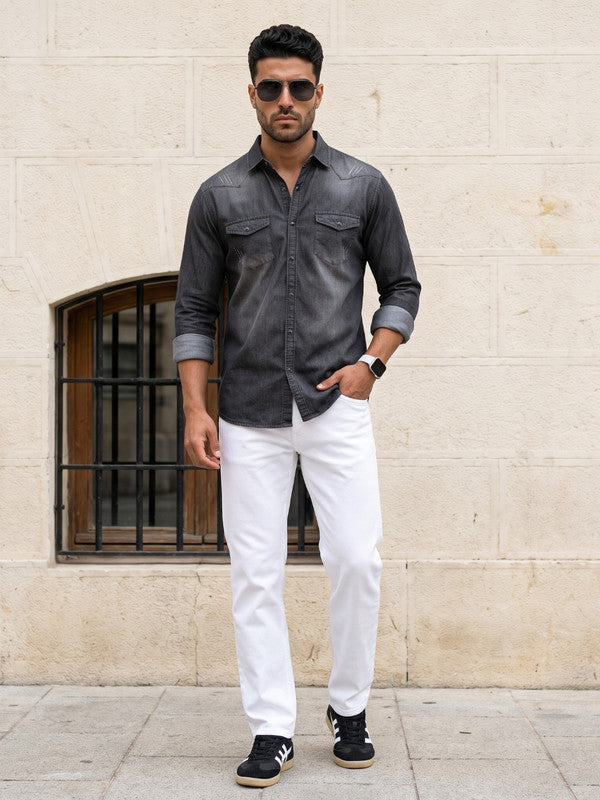 Kuons Avenue Men’s Cloud Black Distressed Denim Casual Shirt