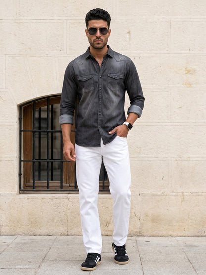 Kuons Avenue Men’s Cloud Black Distressed Denim Casual Shirt