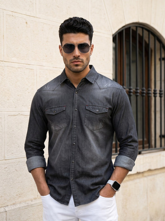 Kuons Avenue Men’s Cloud Black Distressed Denim Casual Shirt