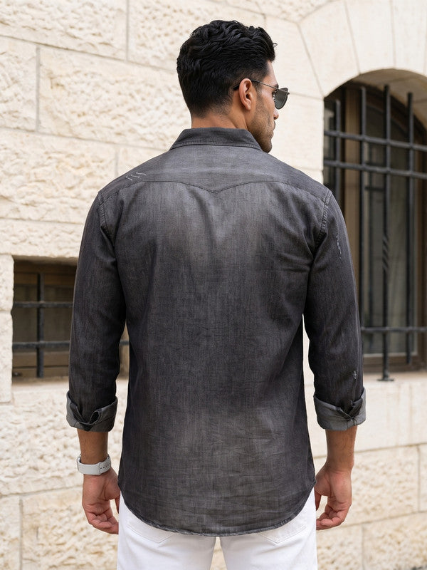 Kuons Avenue Men’s Cloud Black Distressed Denim Casual Shirt