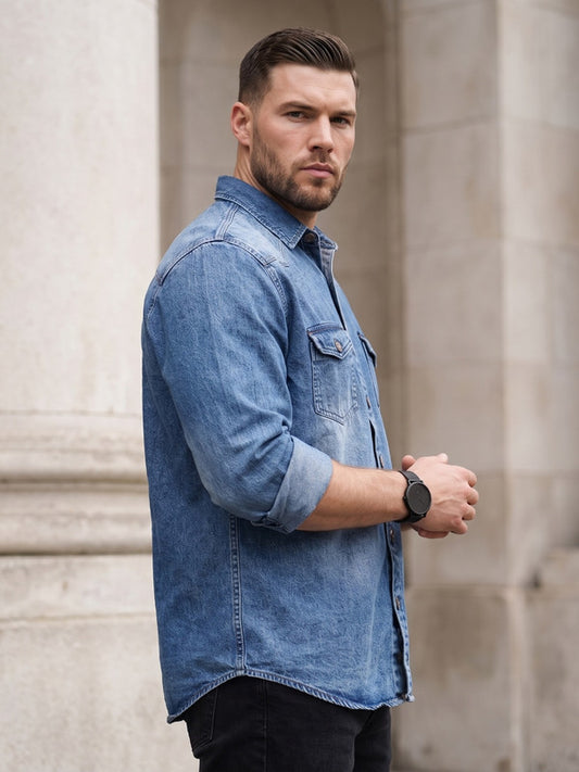 Kuons Avenue Men’s Stonewash Denim Casual Shirt