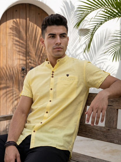 Kuons Avenue Men’s Pastel Yellow Linen Cotton Indo-Western Casual Shirt