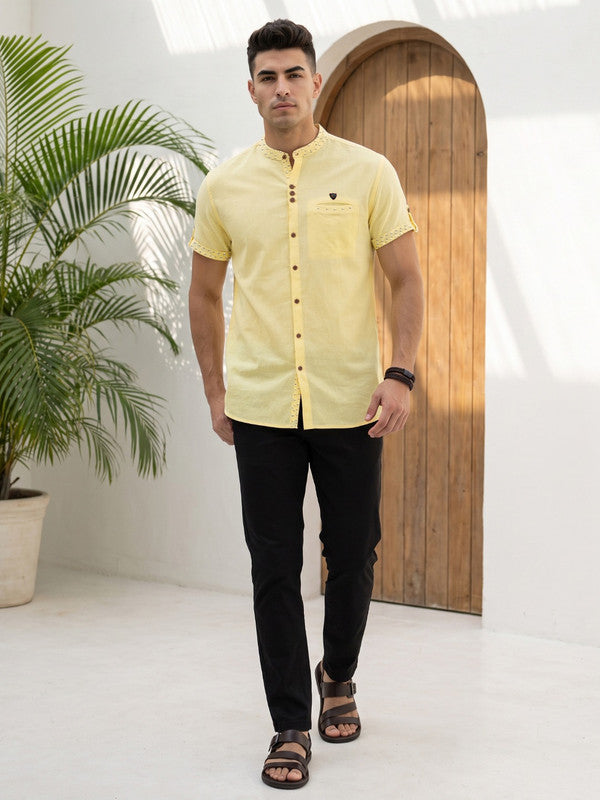 Kuons Avenue Men’s Pastel Yellow Linen Cotton Indo-Western Casual Shirt