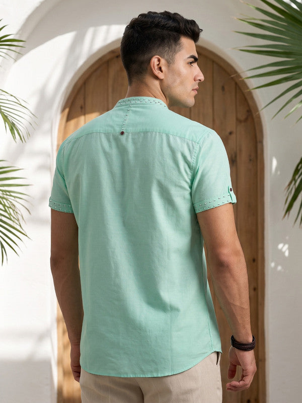 Kuons Avenue Men’s Rama Green Linen Cotton Indo-Western Casual Shirt
