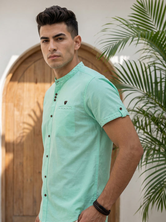 Kuons Avenue Men’s Rama Green Linen Cotton Indo-Western Casual Shirt