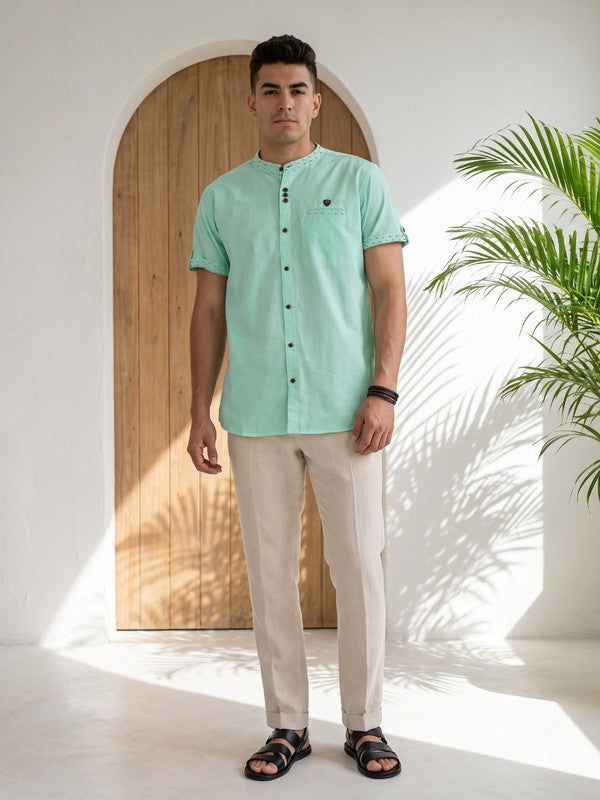 Kuons Avenue Men’s Rama Green Linen Cotton Indo-Western Casual Shirt