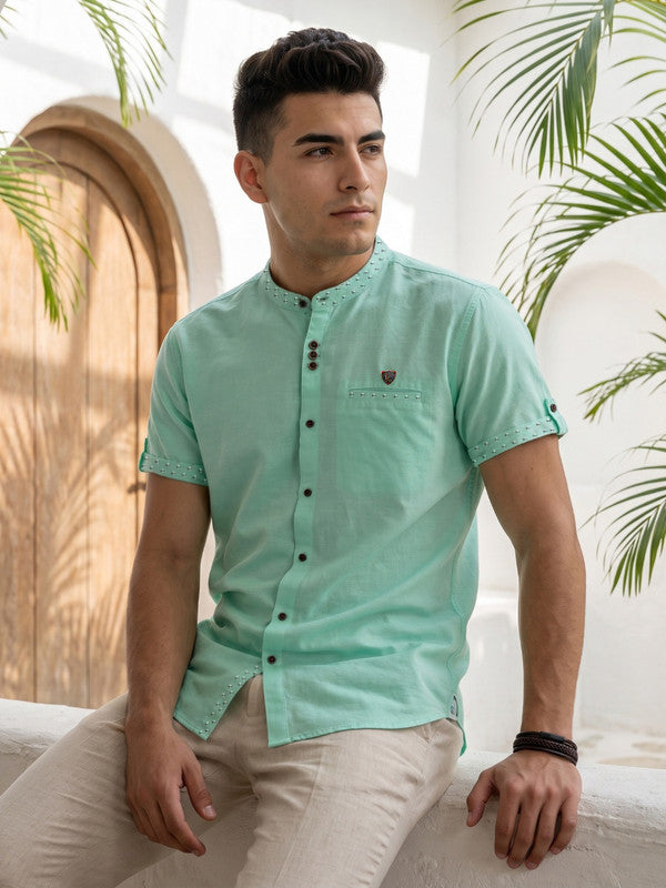 Kuons Avenue Men’s Rama Green Linen Cotton Indo-Western Casual Shirt
