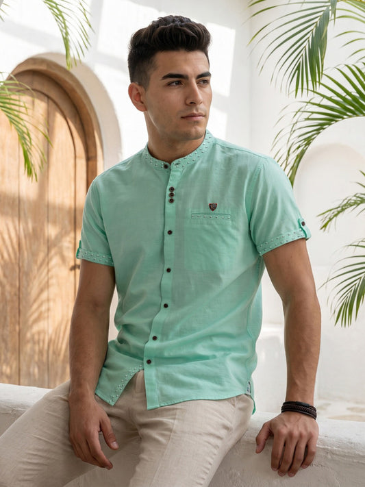 Kuons Avenue Men’s Rama Green Linen Cotton Indo-Western Casual Shirt