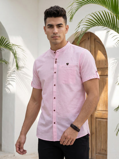 Kuons Avenue Men’s Baby Pink Linen Cotton Indo-Western Casual Shirt