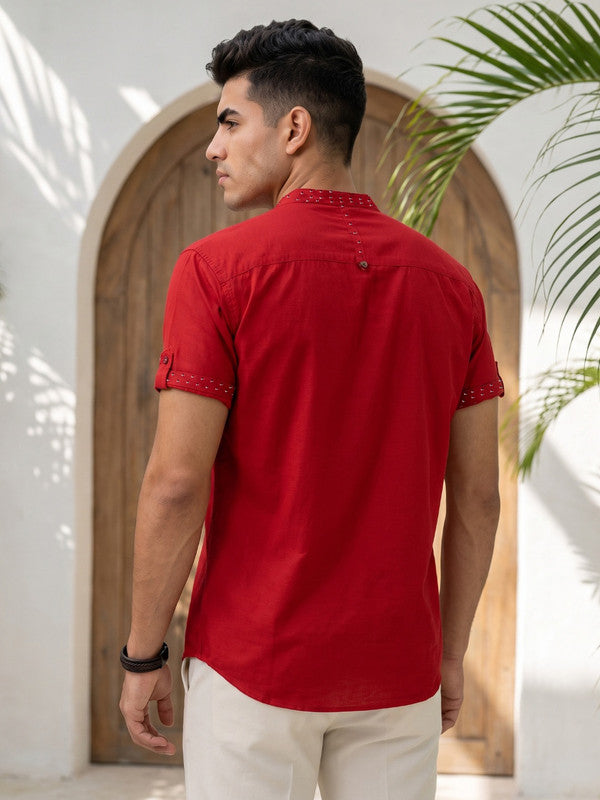 Kuons Avenue Men’s Berry Red Linen Cotton Indo-Western Casual Shirt