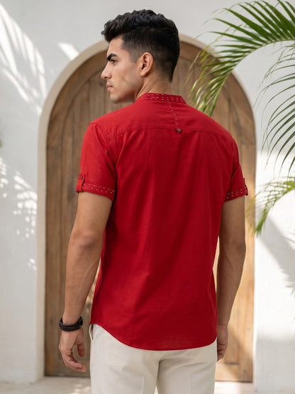 Kuons Avenue Men’s Berry Red Linen Cotton Indo-Western Casual Shirt