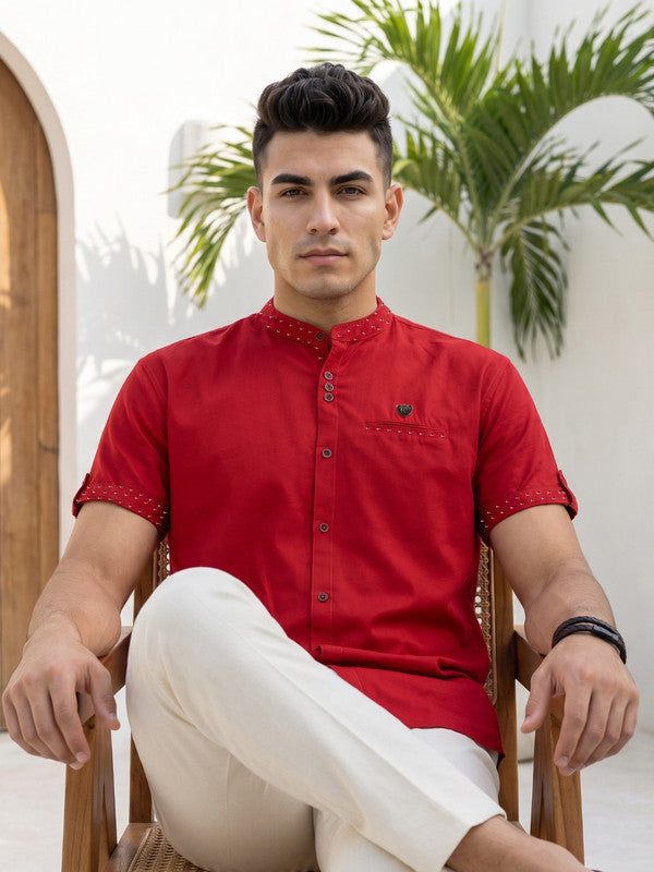 Kuons Avenue Men’s Berry Red Linen Cotton Indo-Western Casual Shirt