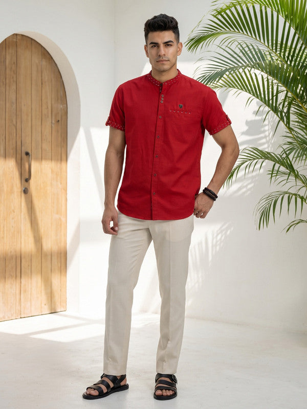 Kuons Avenue Men’s Berry Red Linen Cotton Indo-Western Casual Shirt