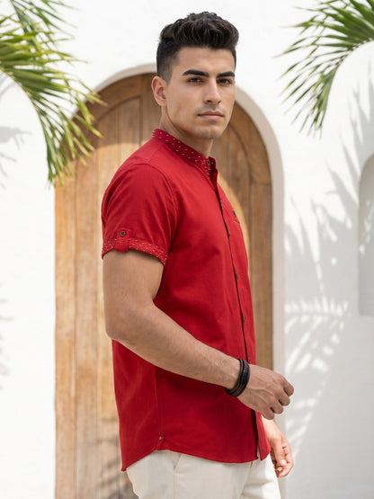 Kuons Avenue Men’s Berry Red Linen Cotton Indo-Western Casual Shirt