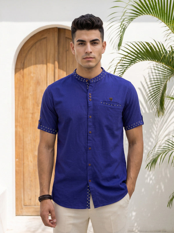 Kuons Avenue Men’s Royal Blue Linen Cotton Indo-Western Casual Shirt