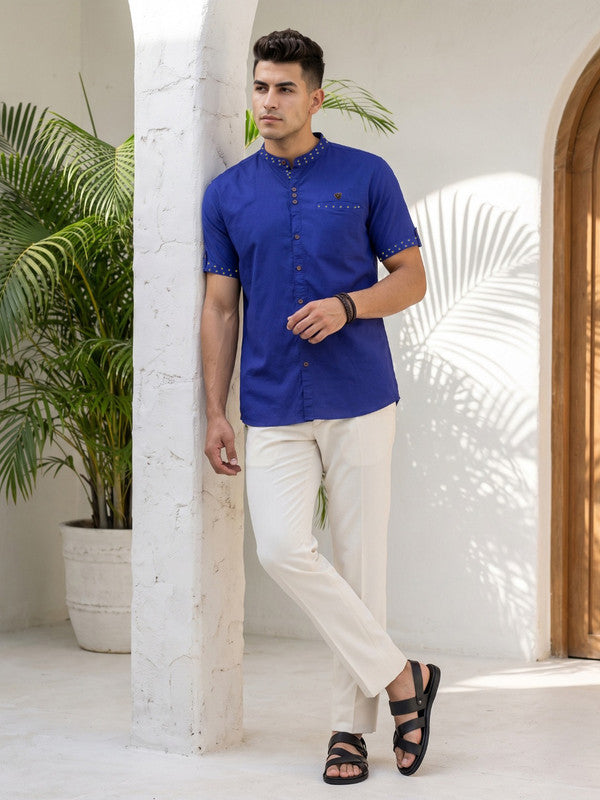 Kuons Avenue Men’s Royal Blue Linen Cotton Indo-Western Casual Shirt