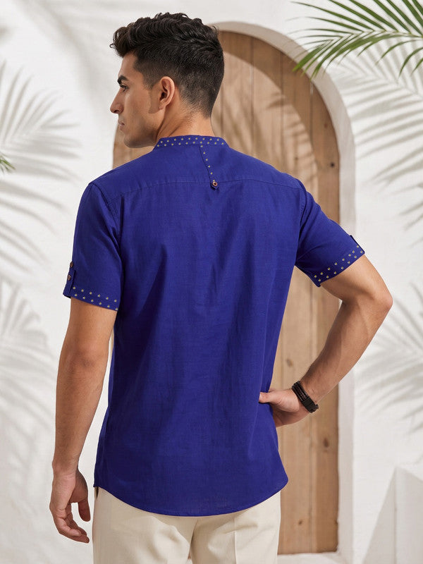 Kuons Avenue Men’s Royal Blue Linen Cotton Indo-Western Casual Shirt
