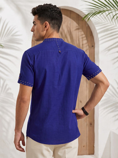 Kuons Avenue Men’s Royal Blue Linen Cotton Indo-Western Casual Shirt