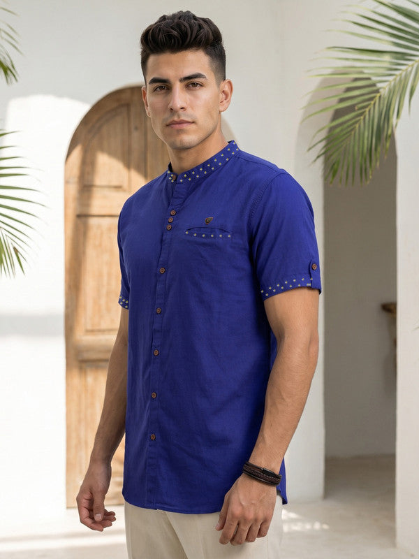 Kuons Avenue Men’s Royal Blue Linen Cotton Indo-Western Casual Shirt
