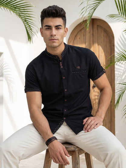 Kuons Avenue Men’s Black Linen Cotton Indo-Western Casual Shirt