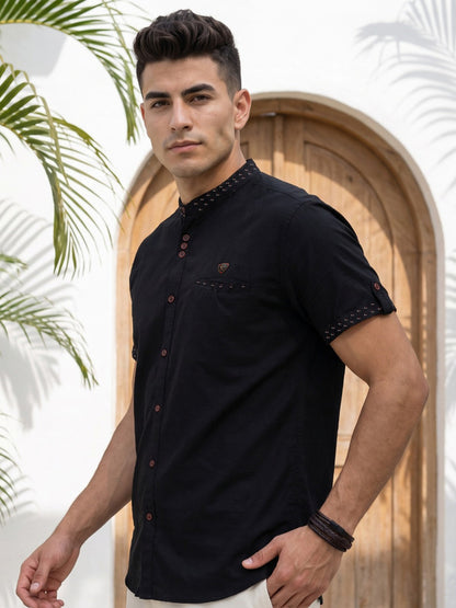 Kuons Avenue Men’s Black Linen Cotton Indo-Western Casual Shirt