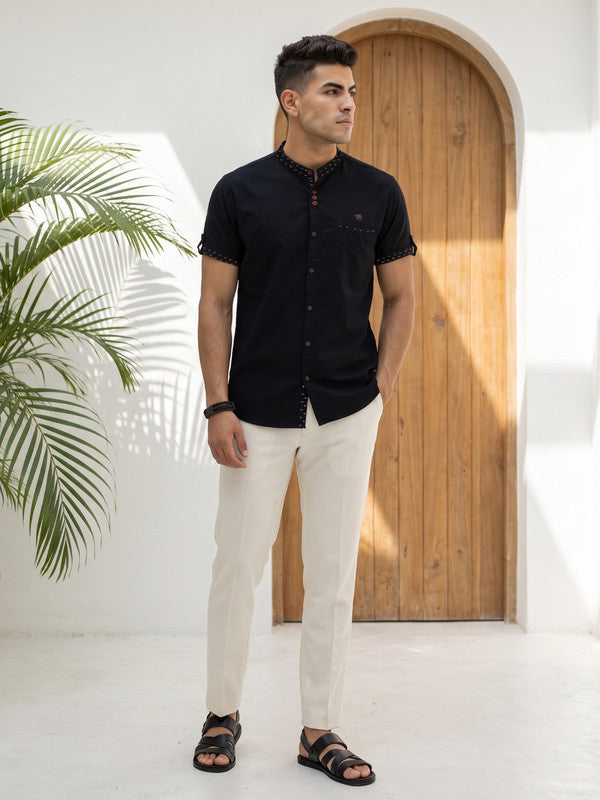 Kuons Avenue Men’s Black Linen Cotton Indo-Western Casual Shirt