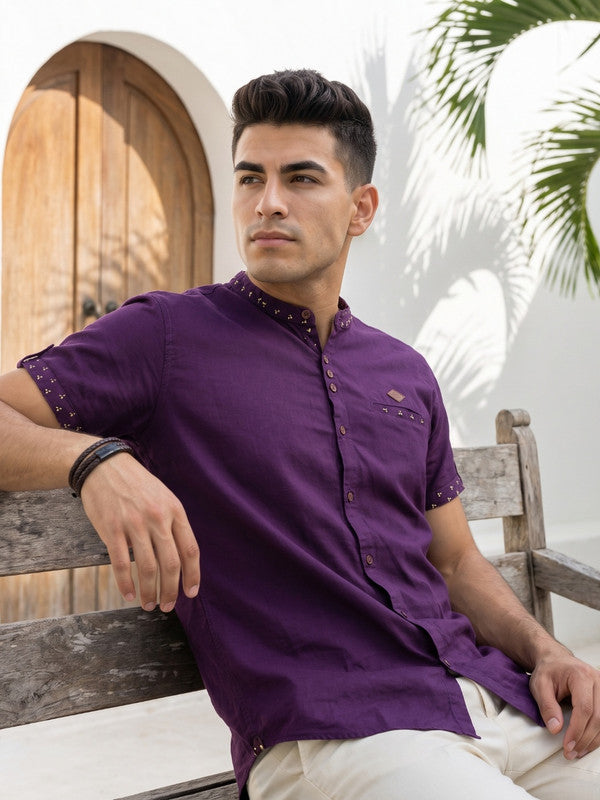 Kuons Avenue Men’s Mulberry Linen Cotton Indo-Western Casual Shirt