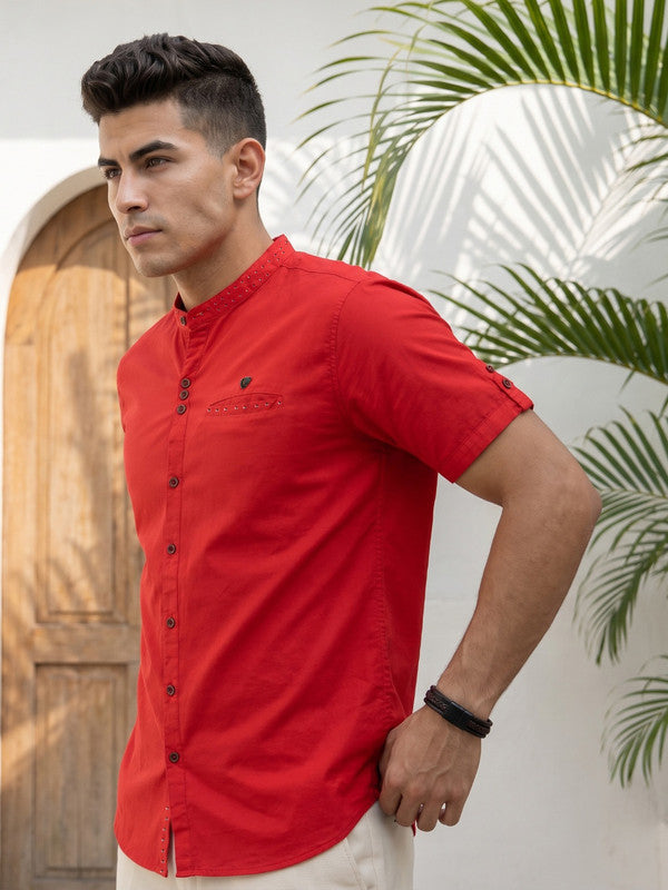 Kuons Avenue Men’s Salmon Pink Linen Cotton Indo-Western Casual Shirt