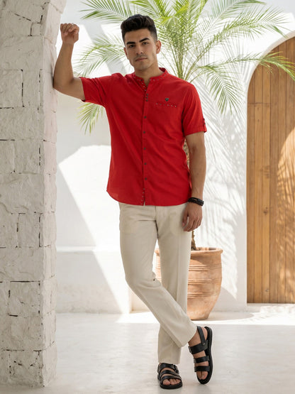 Kuons Avenue Men’s Salmon Pink Linen Cotton Indo-Western Casual Shirt