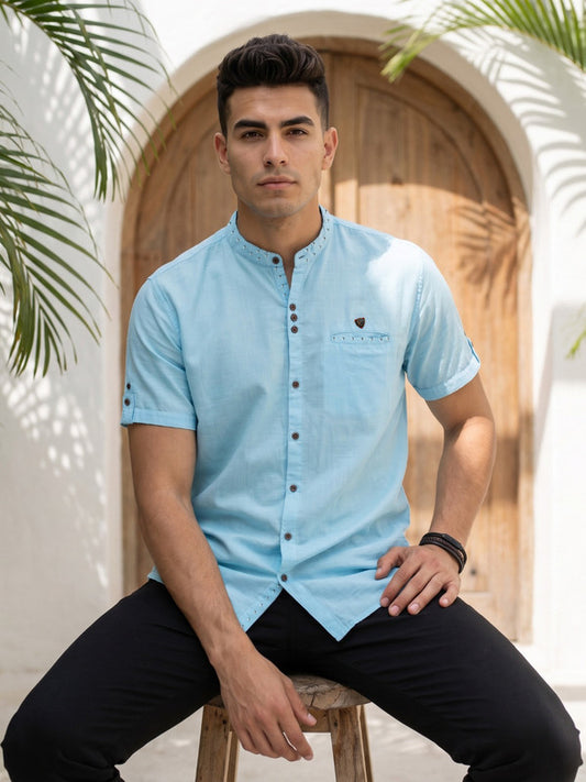 Kuons Avenue Men’s Turquoise Linen Cotton Indo-Western Casual Shirt