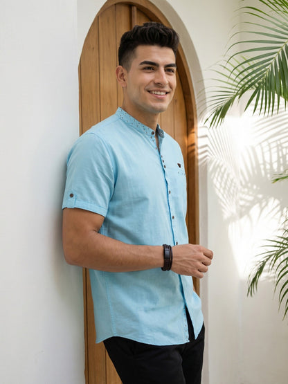 Kuons Avenue Men’s Turquoise Linen Cotton Indo-Western Casual Shirt