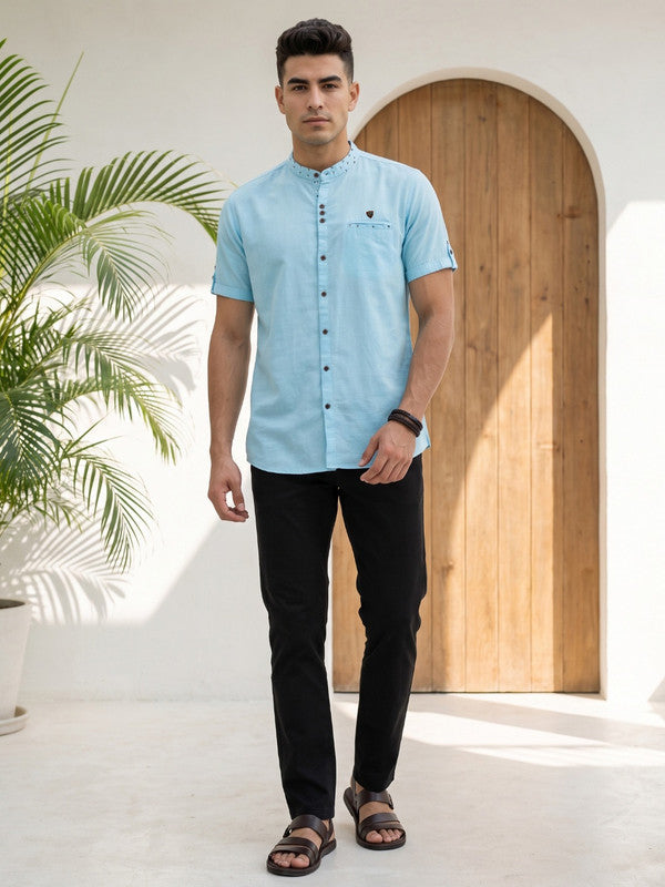Kuons Avenue Men’s Turquoise Linen Cotton Indo-Western Casual Shirt