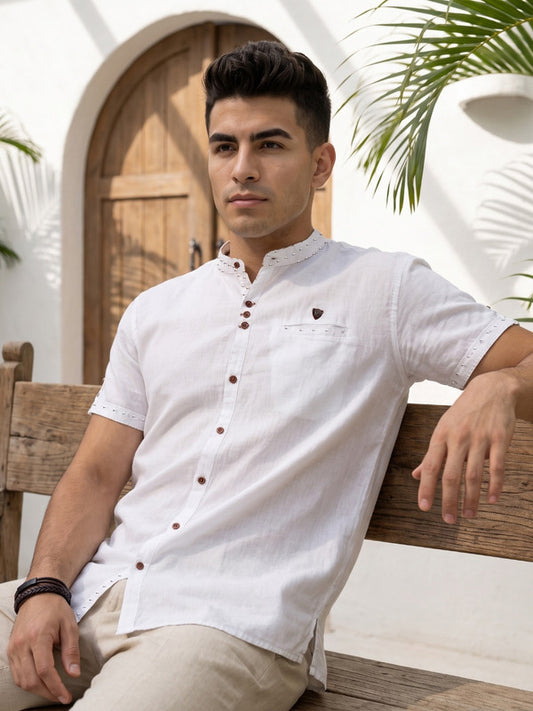 Kuons Avenue Men’s Pristine White Linen Cotton Indo-Western Casual Shirt
