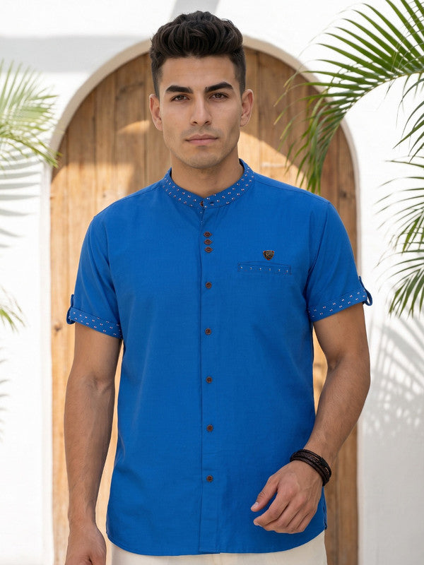 Kuons Avenue Men’s Electric Blue Linen Cotton Indo-Western Casual Shirt
