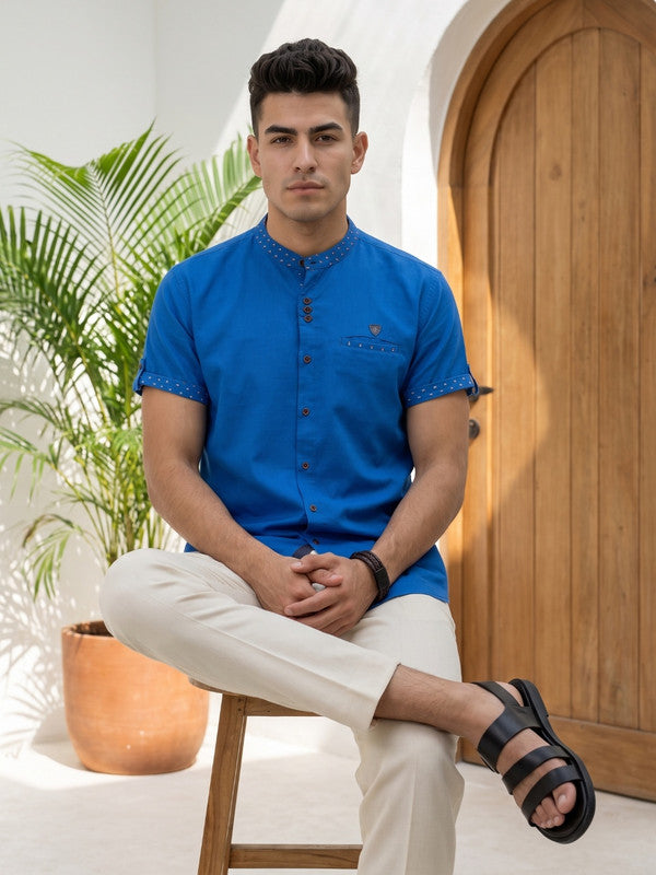 Kuons Avenue Men’s Electric Blue Linen Cotton Indo-Western Casual Shirt