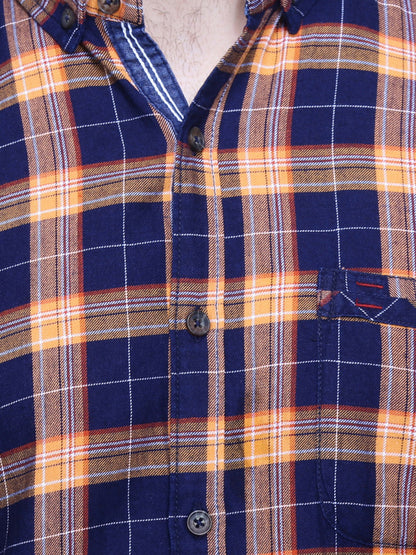 Kuons Men's Orange Indigo Cotton Checked Casual Shirt