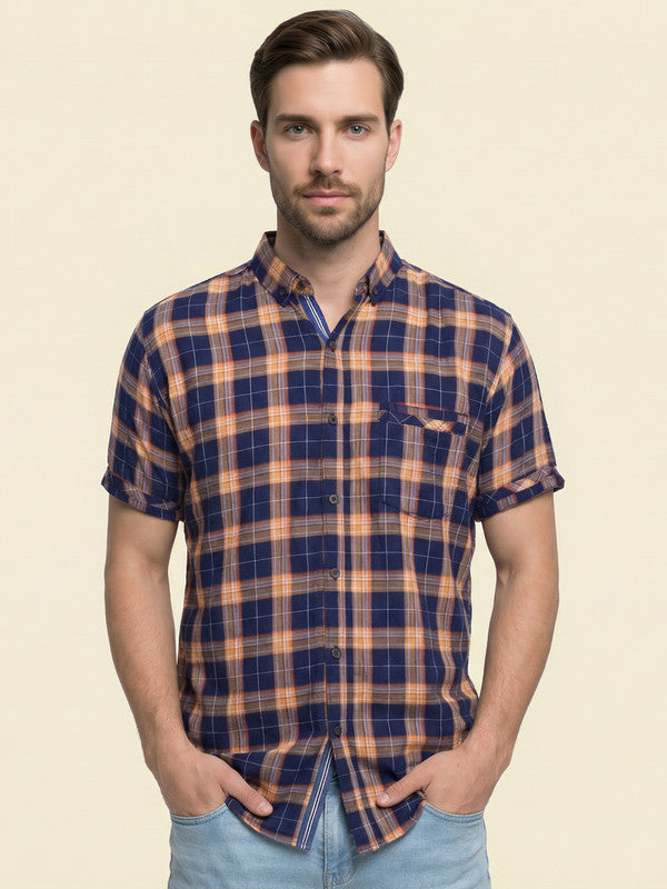 Kuons Men's Orange Indigo Cotton Checked Casual Shirt