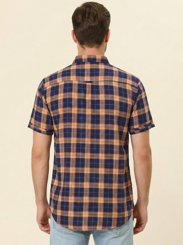 Kuons Men's Orange Indigo Cotton Checked Casual Shirt