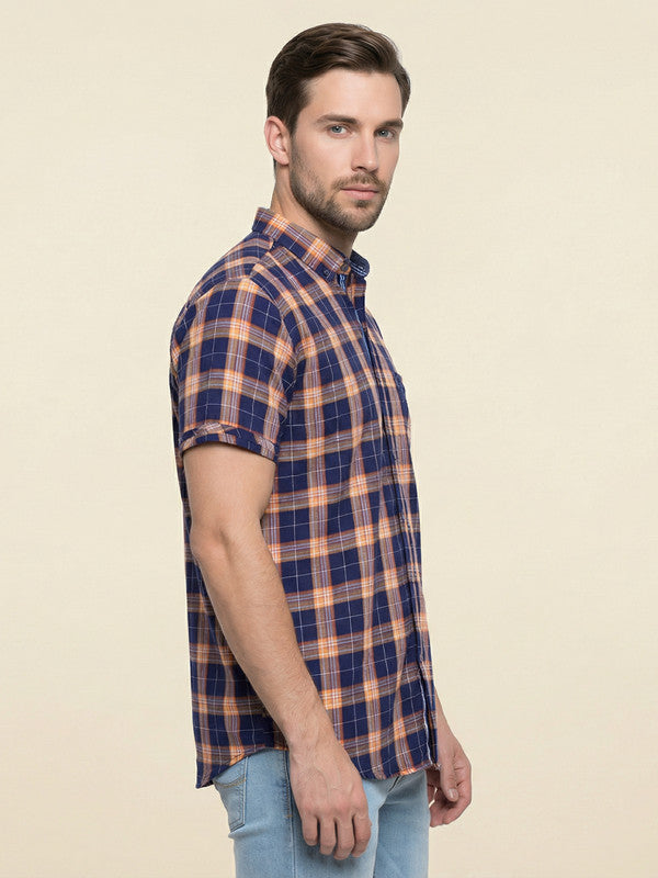 Kuons Men's Orange Indigo Cotton Checked Casual Shirt